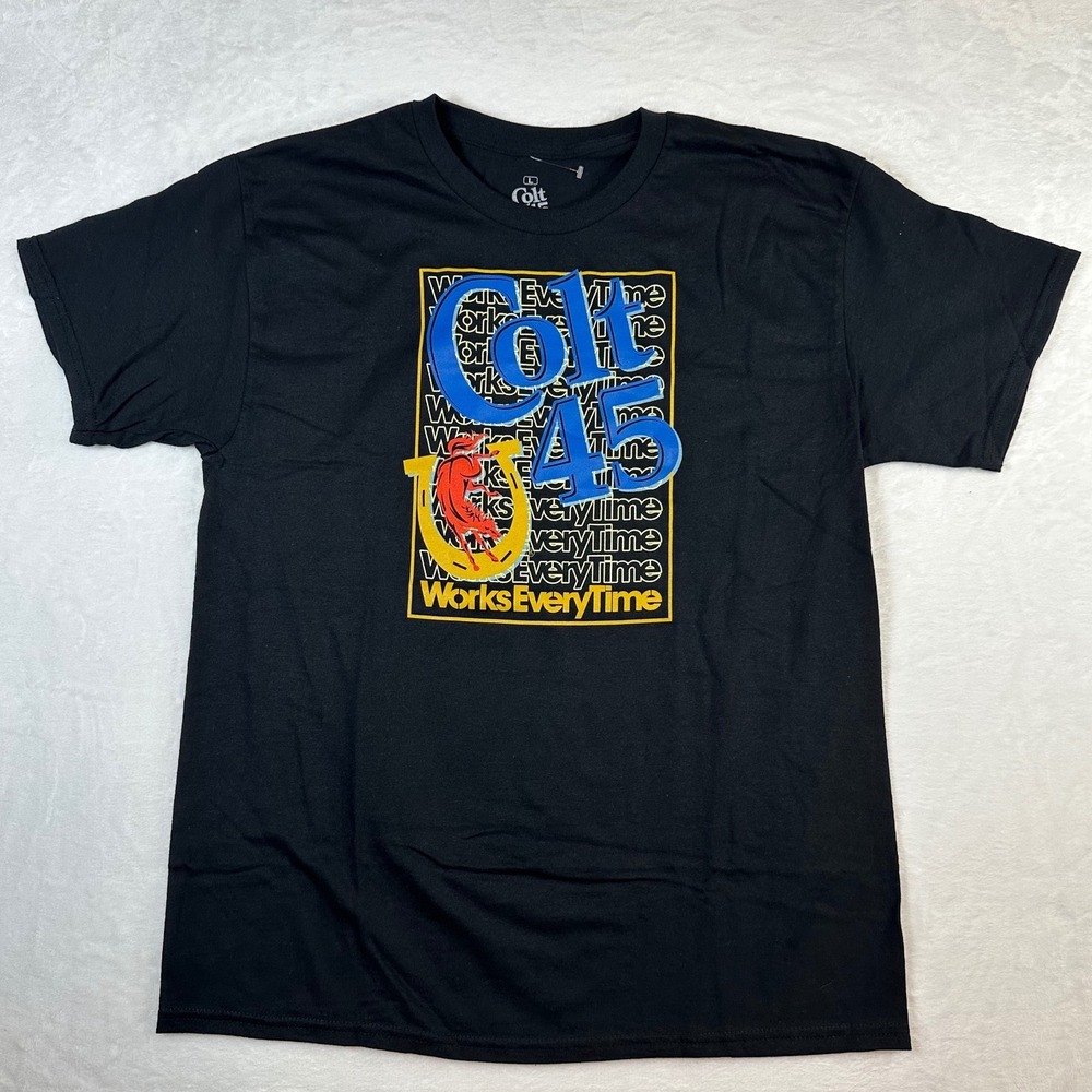 Colt 45 Malt Liquor Shirt Mens Large Black Works Every Time‎ Graphic Tee Beer L
